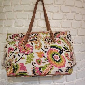 Spartina Cream Paisley Floral Large Linen And Leather Tote Bag